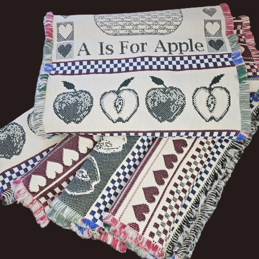 A is for Apple VTG Runner & 4 Placemats Tapestry Fringe Hearts Checkered Red Grn